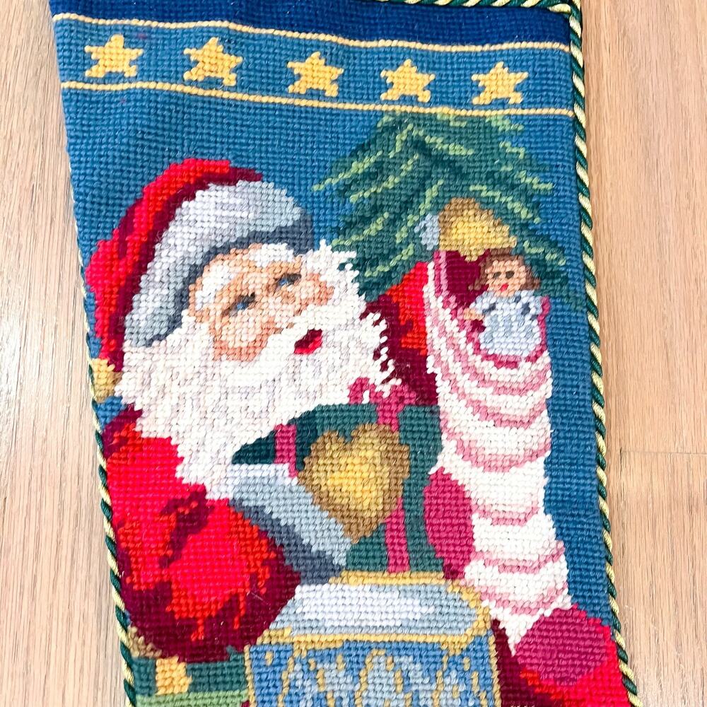 Vintage Lined Christmas Stocking Needlepoint Santa Presents Tree Velvet - Picture 4 of 8